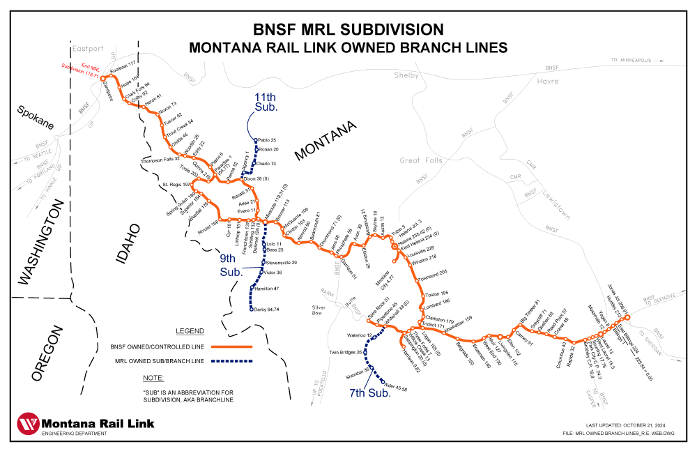 A map of MRL-owned branch lines on the BNSF MRL Subdivision